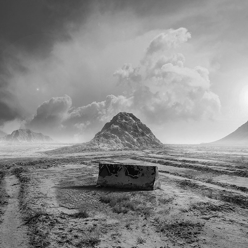Black-and-white version of the same desert scene